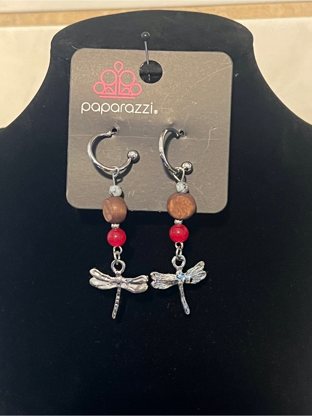 Paparazzi Silver Dragonfly Hoop Earrings with Red and Brown Beads